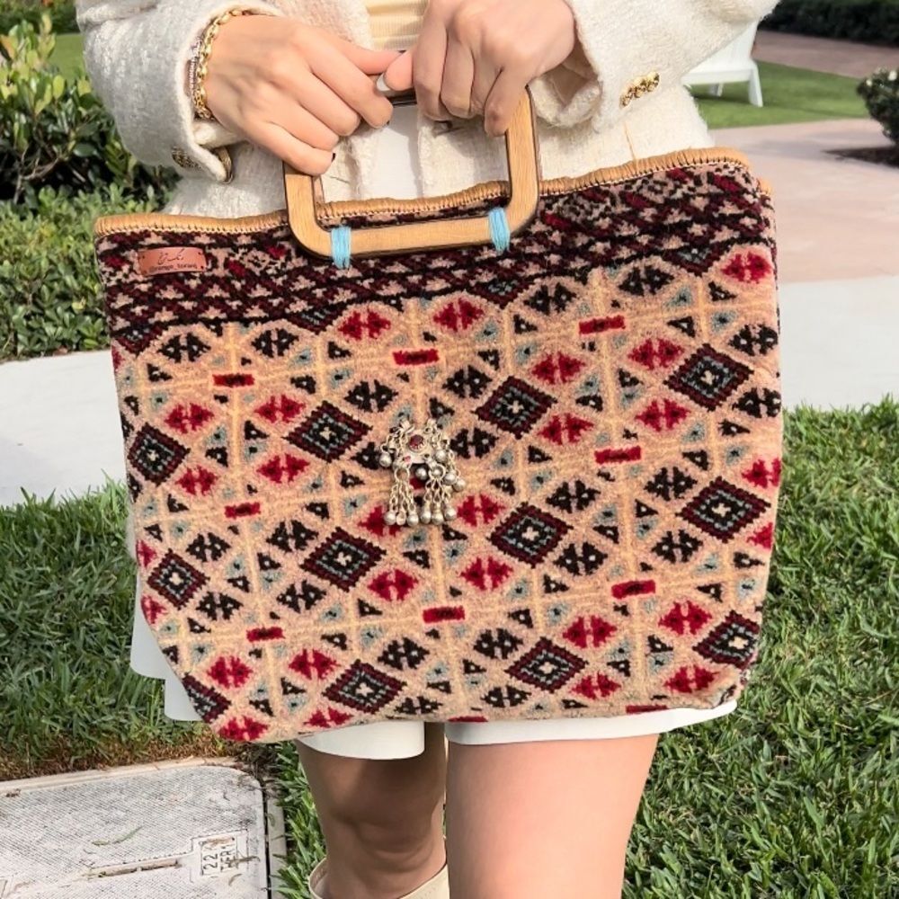 Boho Patterned Tote Bag with Wooden Handles - Beige, Red, Black - Picture 2 of 2